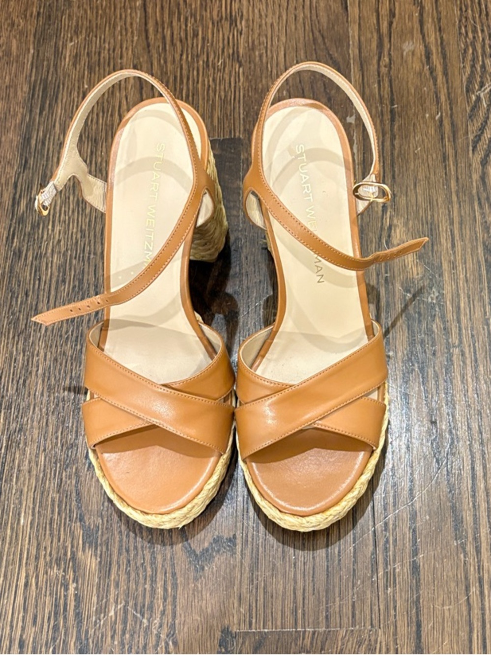 Stuart Weitzman Women’s Tan Leather Platform Sandals with Ankle Strap - Picture 2 of 5